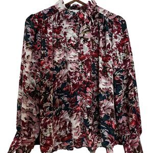 Rose & Olive Blouse S Button Up Puff sleeves Red Burgundy Pink